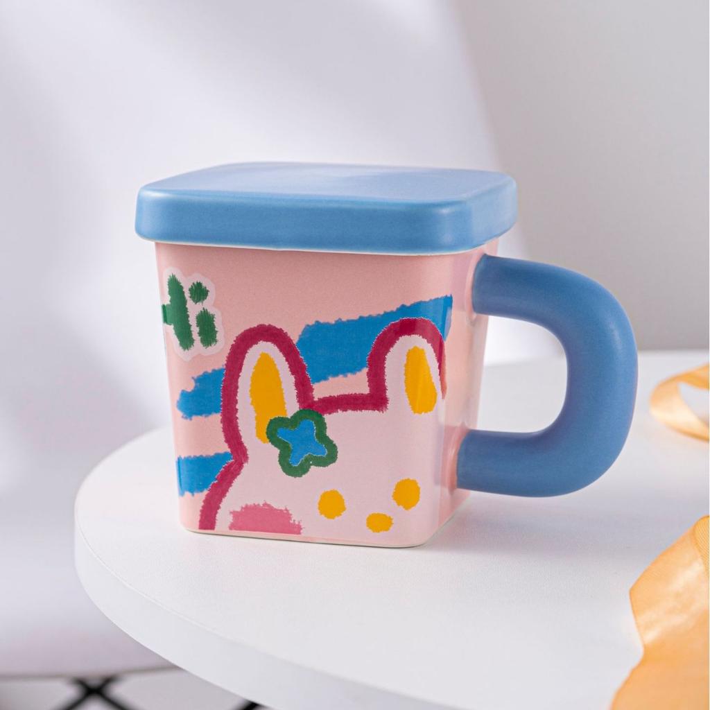 Cream Bear Square Water Cup High Precision Ceramic Cup with Lid Large Capacity Creative Cartoon Mug High End Feeling