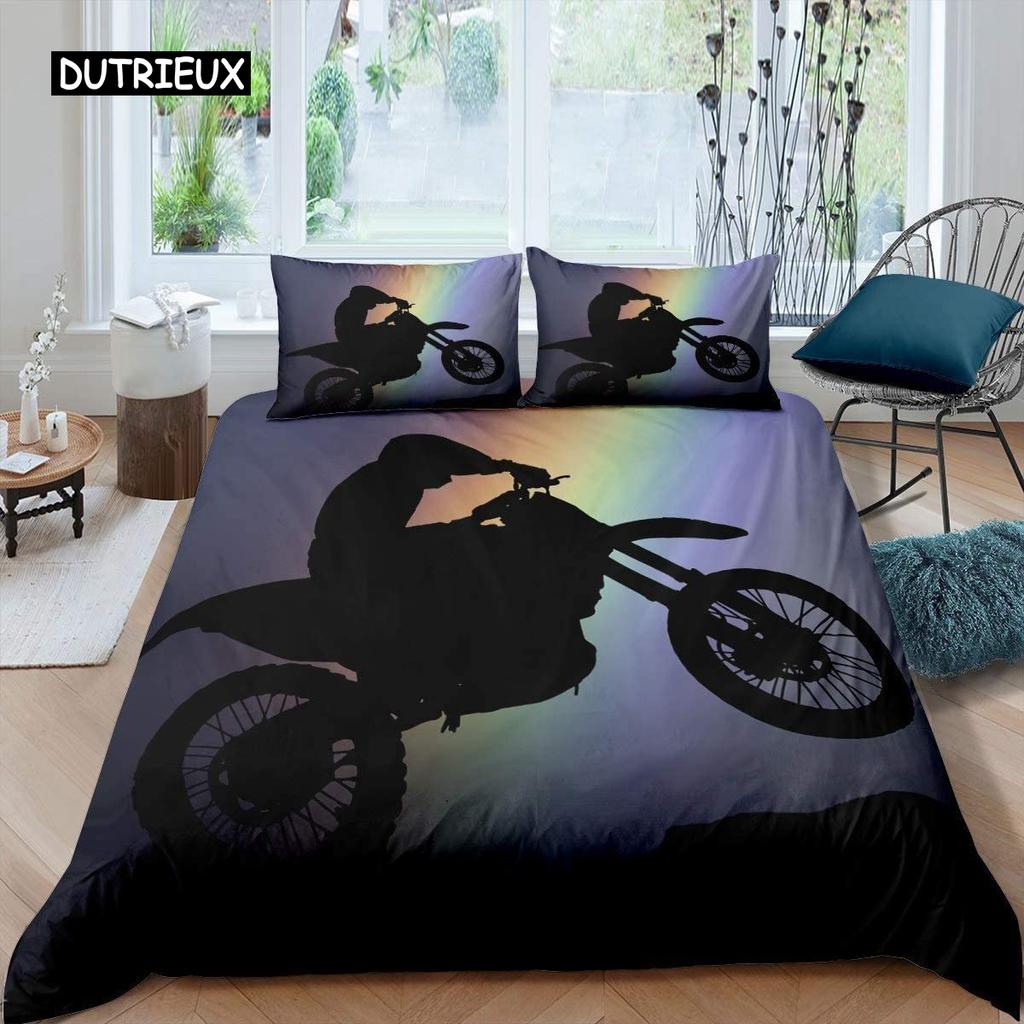 3D Motocross Rider Duvet Cover Set Microfiber Red Black Dirt Bike Extreme Sports Theme Motorcycle Pattern Bedding Set King Size