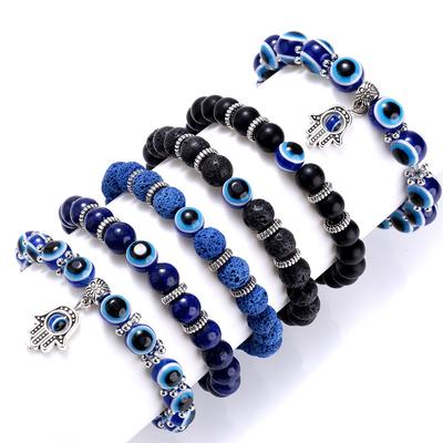 Bracelet de perles en pierre volcanique bleue, bracelet œil de diable bleu, bracelet porte-bonheur main de Fatima