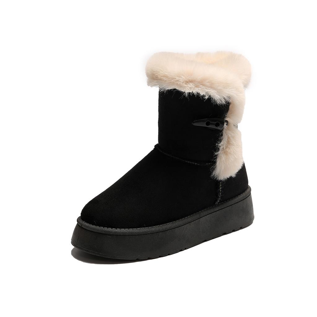 Warme Winterstiefeletten für Damen, rutschfeste Plateau-Schneestiefel mit Fellfutter, Bailey-Knopf, kurze Stiefel für Damen, bequeme Booties aus Fleece-Wildlederimitat