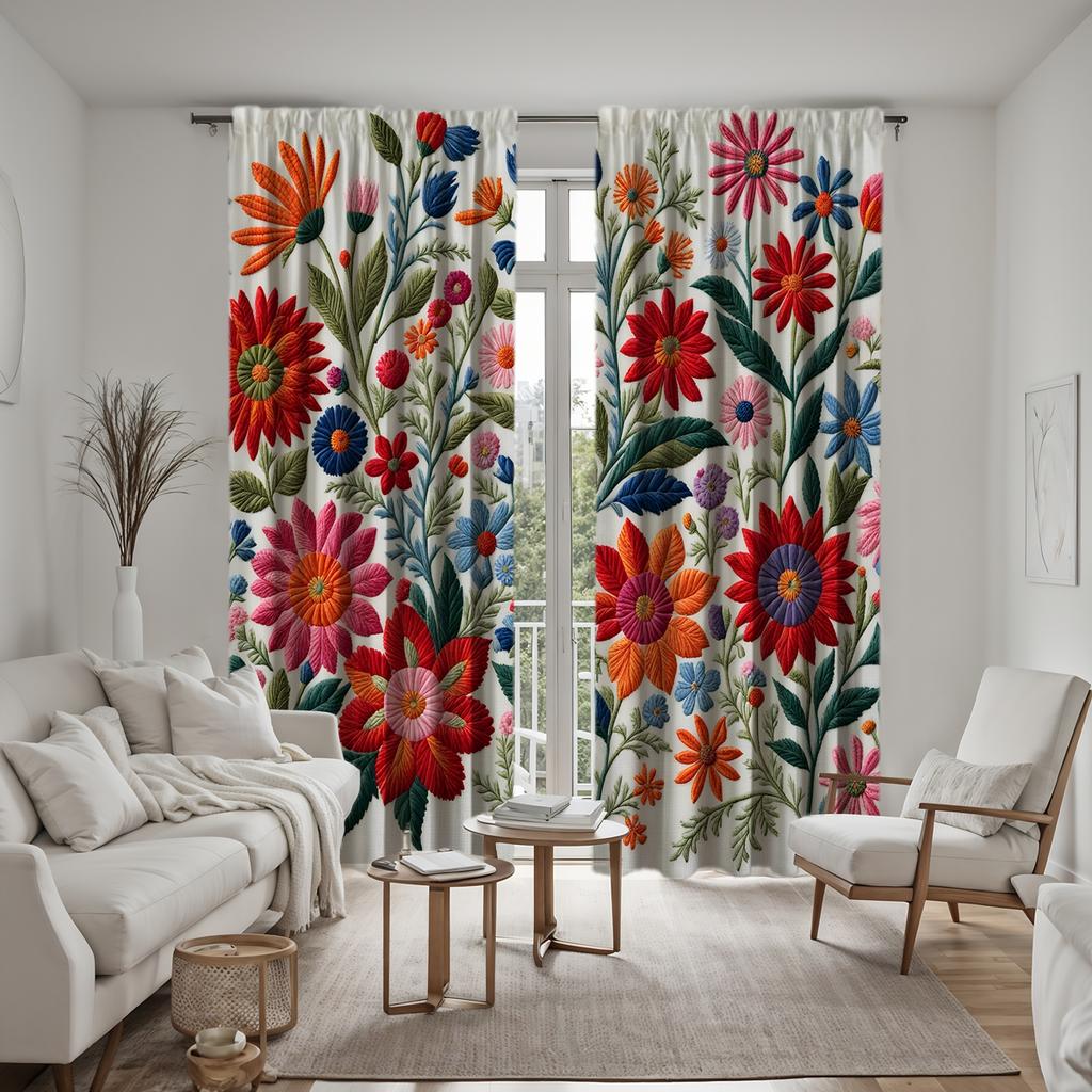 2pcs HD Chinese style embroidery three-dimensional flower decoration curtain Red tie digital printed curtain Home decoration
