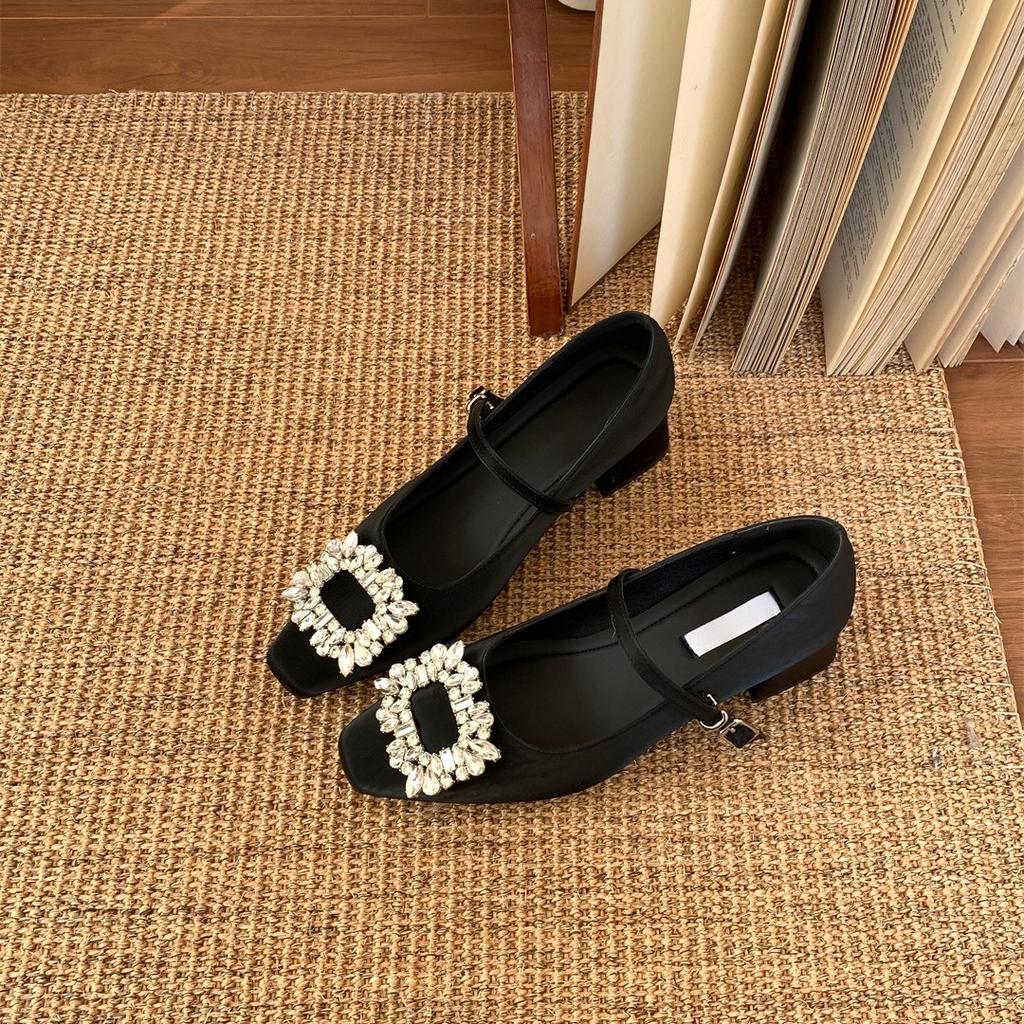 Grape mother spring new high heels women wear high-end rhinestone square buckle Mary Jane single shoes women's soft-soled women's shoes