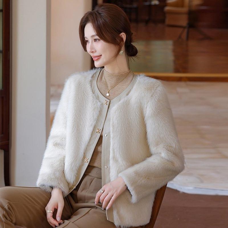 

Женская шуба средней длины женское короткое пальто осенне-зимний топ мех интегрированный 3XL [recommended 125-67.5kg] бежевый