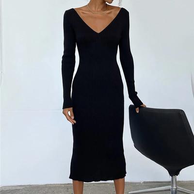 Fashion Slim Long Sleeve Knitted Dress Autumn/Winter Stripe V-neck Sexy Dress Casual Versatile Solid Color Dress Vestidos 30118