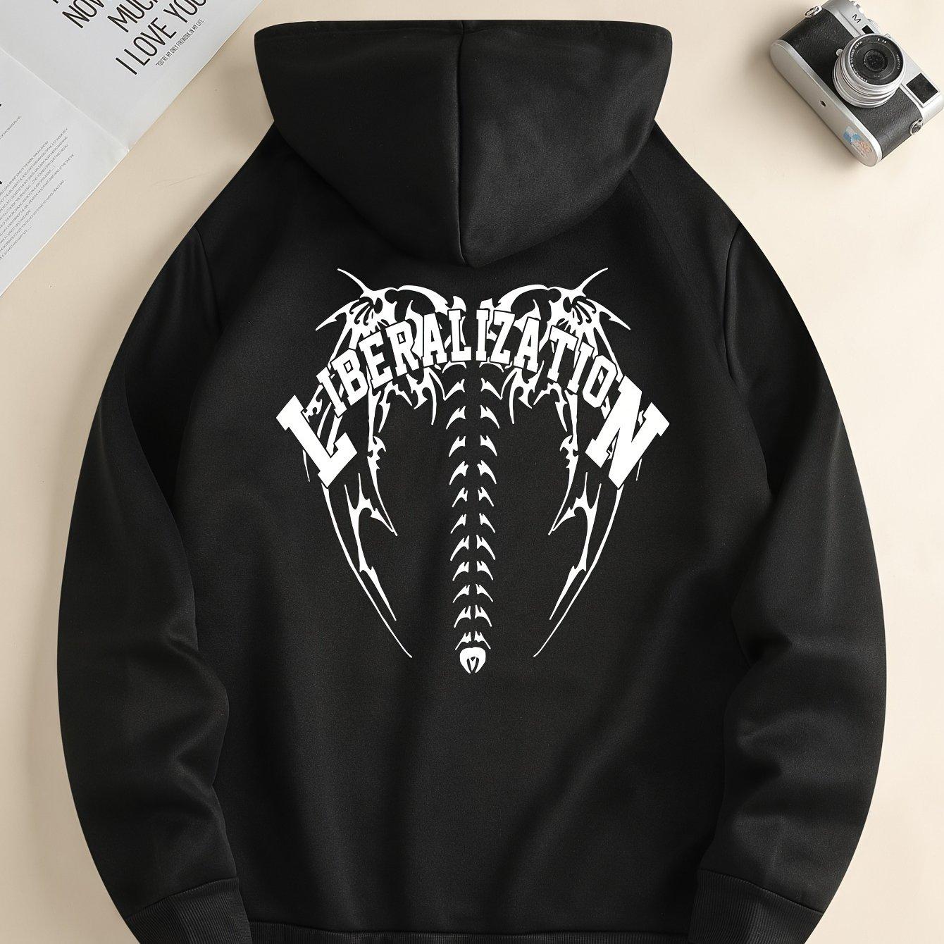 

Men s casual hooded sweatshirt with bold letter print. Black and white pattern. Fall/winter style. 3XL