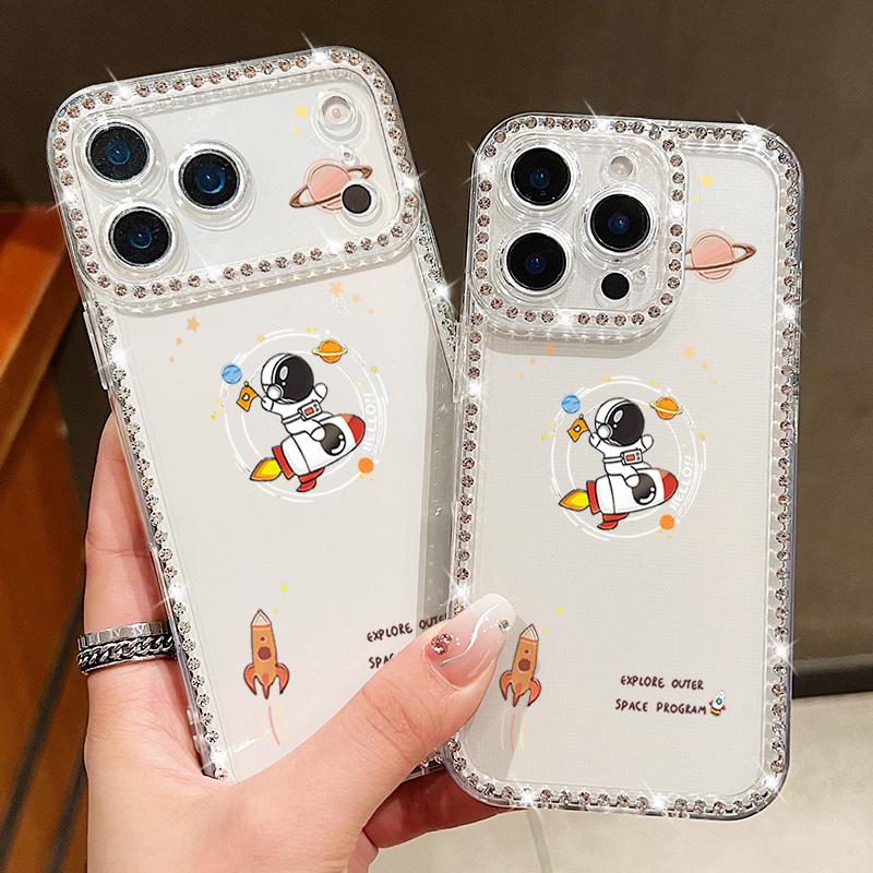 Cute Astronaut Printed Bling Diamond Case For iPhone 17 Air 16e 16 14 15 13 17 Pro Max 15 16 Plus 17 Soft Silicone Phone Cover