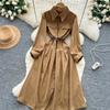 French Light Maturity Minimalist Retro Lapel Long Sleeve Single Button Waist Cinching Dress Women Autumn Slim Fit Elegant Maxi Dresses