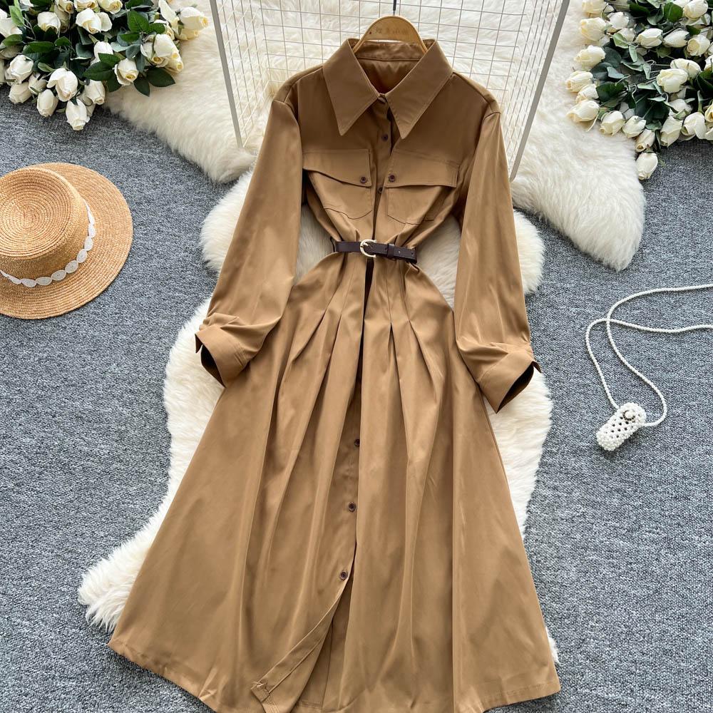 French Light Maturity Minimalist Retro Lapel Long Sleeve Single Button Waist Cinching Dress Women Autumn Slim Fit Elegant Maxi Dresses