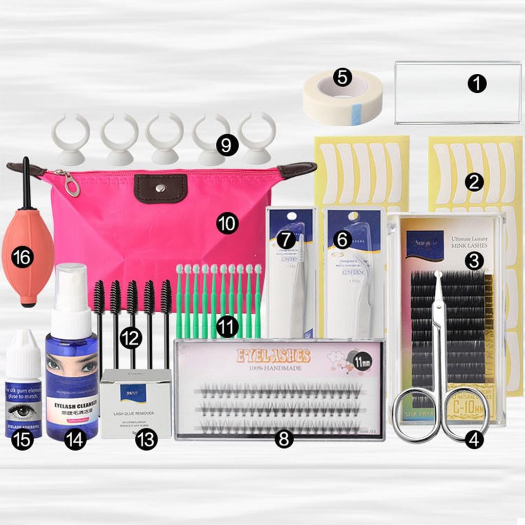Professional False Eyelash Extension Make Up Set Kit Semi Permanent Make Up Individual Eyelash Extensions Curl Glue Tool Sets with Bag 16 In 1