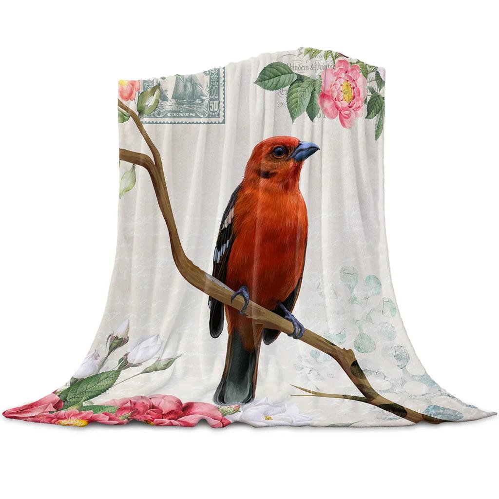 Blue Bird Pink Peach Flower Retro Printed Flannel Blanket Soft Throw Blanket for Bed Living Room Couch Sofa King Queen Size Warm