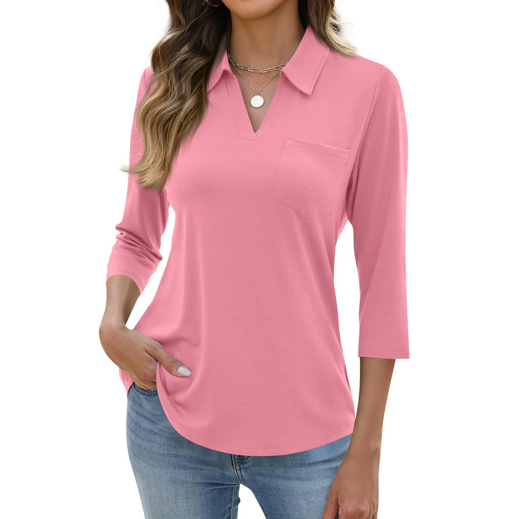 Women's Fashion Casual Lapel Short 3/4 Sleeve Color Shirt Women's Up Tops