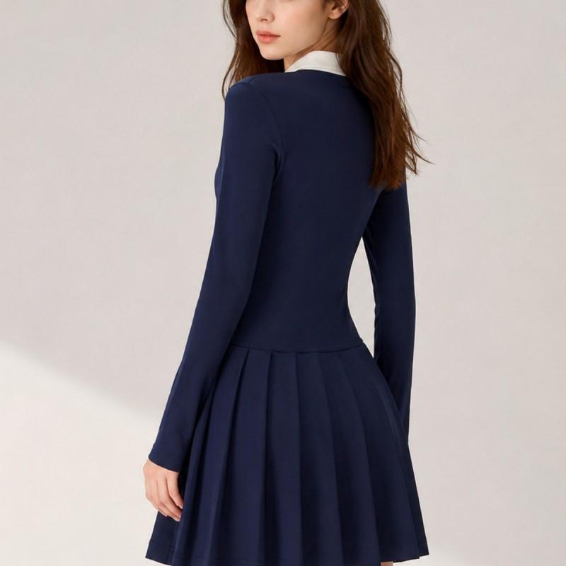 Womens Long Sleeve Tennis Dress With Collar Color-Block Pleated Skirt Slimming Fit Golf Training Fitness