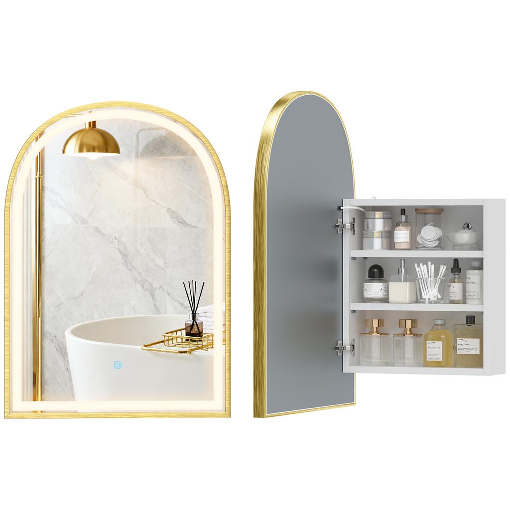 Wall-mounted bathroom cabinet with mirror and LED lighting, arched door, anti-fog, 50x14.5x70cm, gold