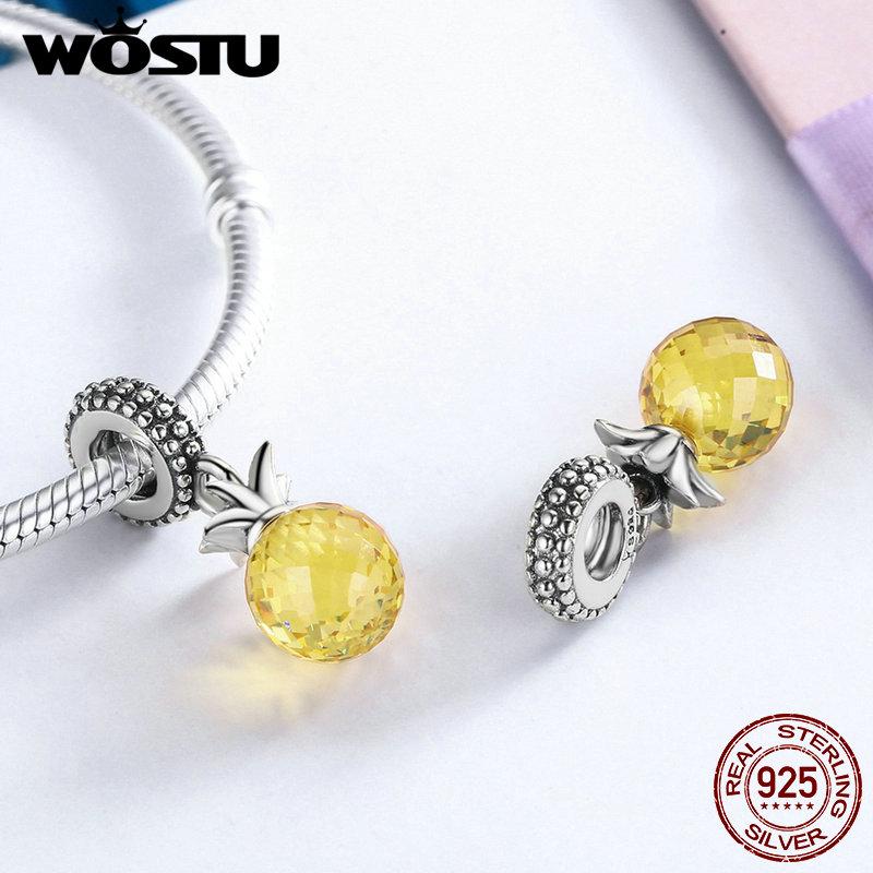 WOSTU 925 Sterling Silver Yellow Crystal Charms Pineapple Pendant Retro Bead Fit Original Bracelet Necklace Women Jewelry Making