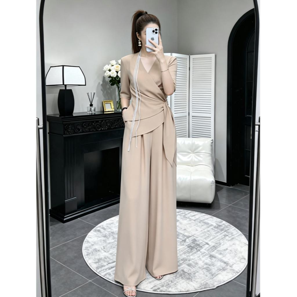 Women's Half Sleeve Solid Color Loose Fit Top High Waist Wide Leg Long Pants 2-Piece Set