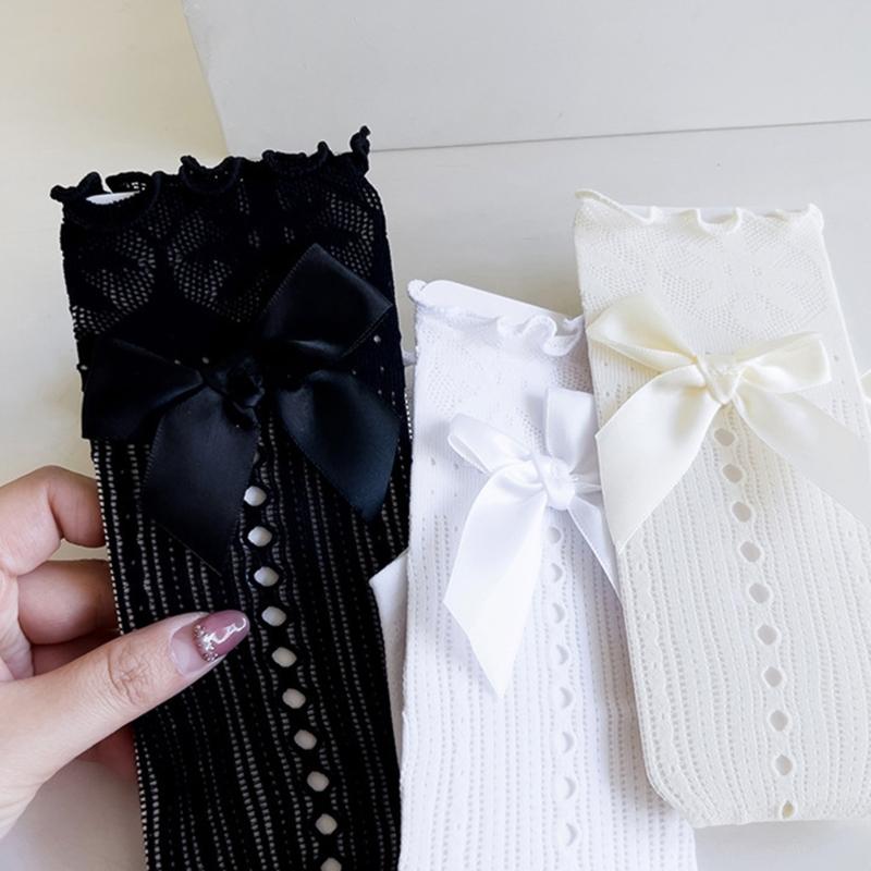 Breathable Middle Calf Socks For Girls Ruffle Trim Bowknot Accents Soft Casual Party Wear Lace Knee Length Stockings