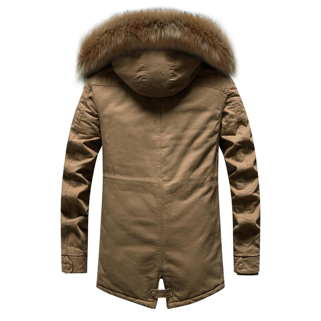 Winter Men's Hooded Plush Large Wool Collar Medium and Long Cotton Clothes