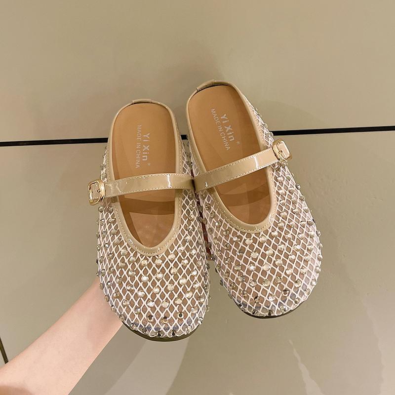 Spring New Baotou Slippers Women's Round Head Shallow Mouth Glitter Mesh Soft Soled Non-slip Flat Shoes