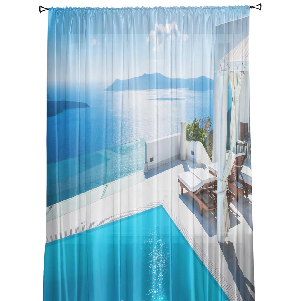 Meer Gebäude Stuhl Landschaft Tüll Vorhänge Für Wohnzimmer Dekoration Moderne Chiffon Sheer Voile Küche Vorhang