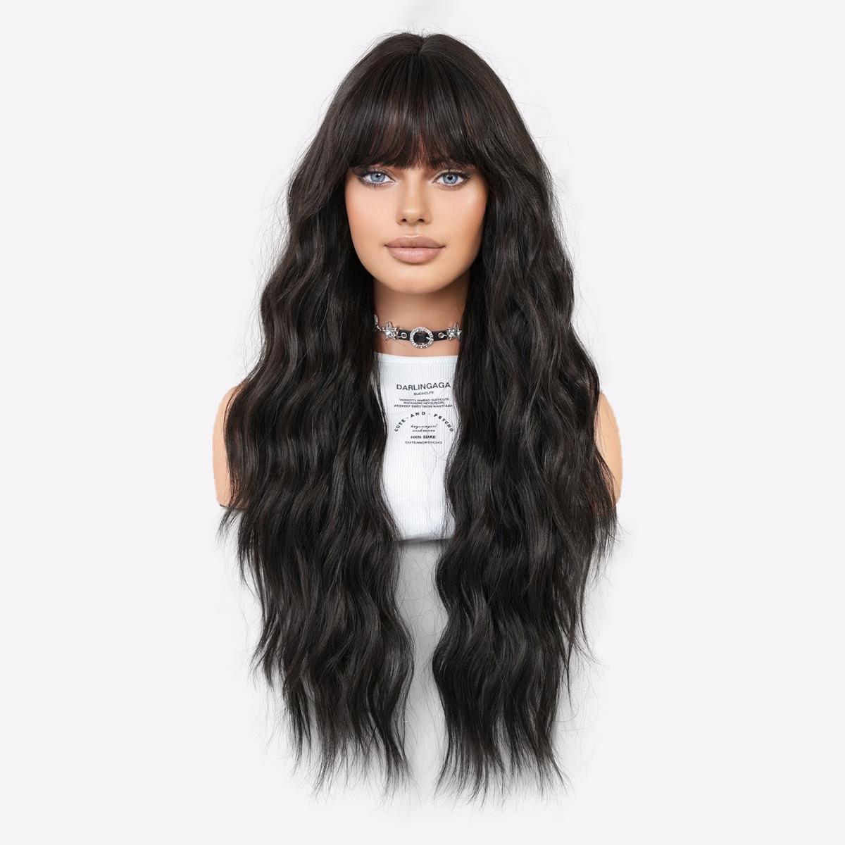 

Парик Jet Black 30 Loose Waves - термостойкий синтетический передний накладной волос HD с прямой челкой для естественного вида 76cm 30 Inch чёрный