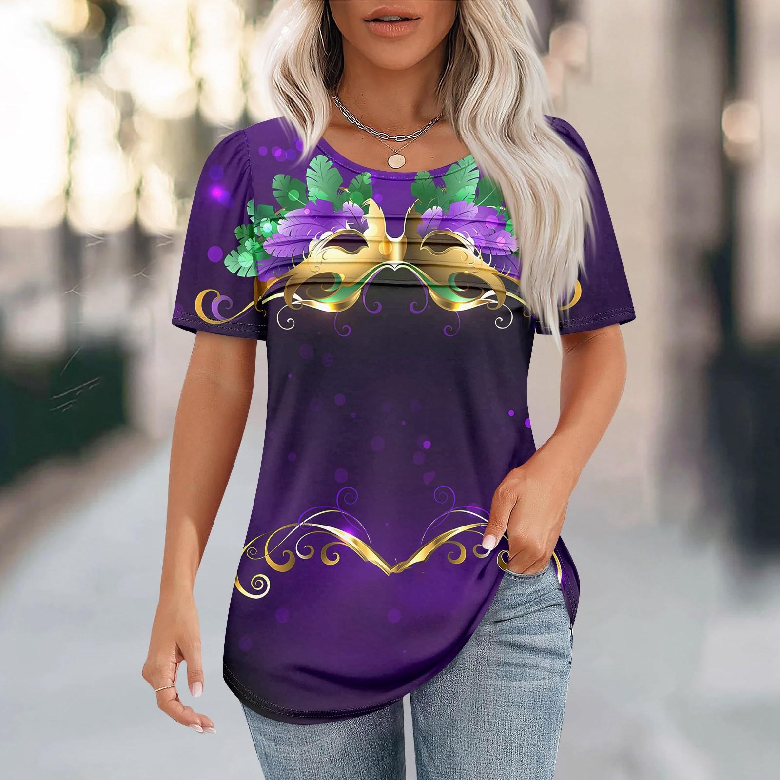 

Женский свободный топ с принтом карнавальной маски, короткими рукавами и круглым вырезом, плиссированный XXL фиолетовый