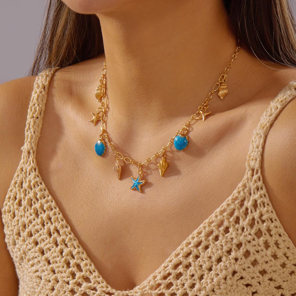 Bohemian Metal Starfish Shell Pendant Necklace For Women Trendy Summer Beach Pearl Conch Turtle Choker Girls Party Jewelry Gift