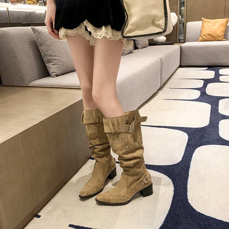 Autumn and Winter New Fashionable and Thin Stacking Boots Women's Pointed Thick Heel High Tube Belt Buckle Large Size Boots