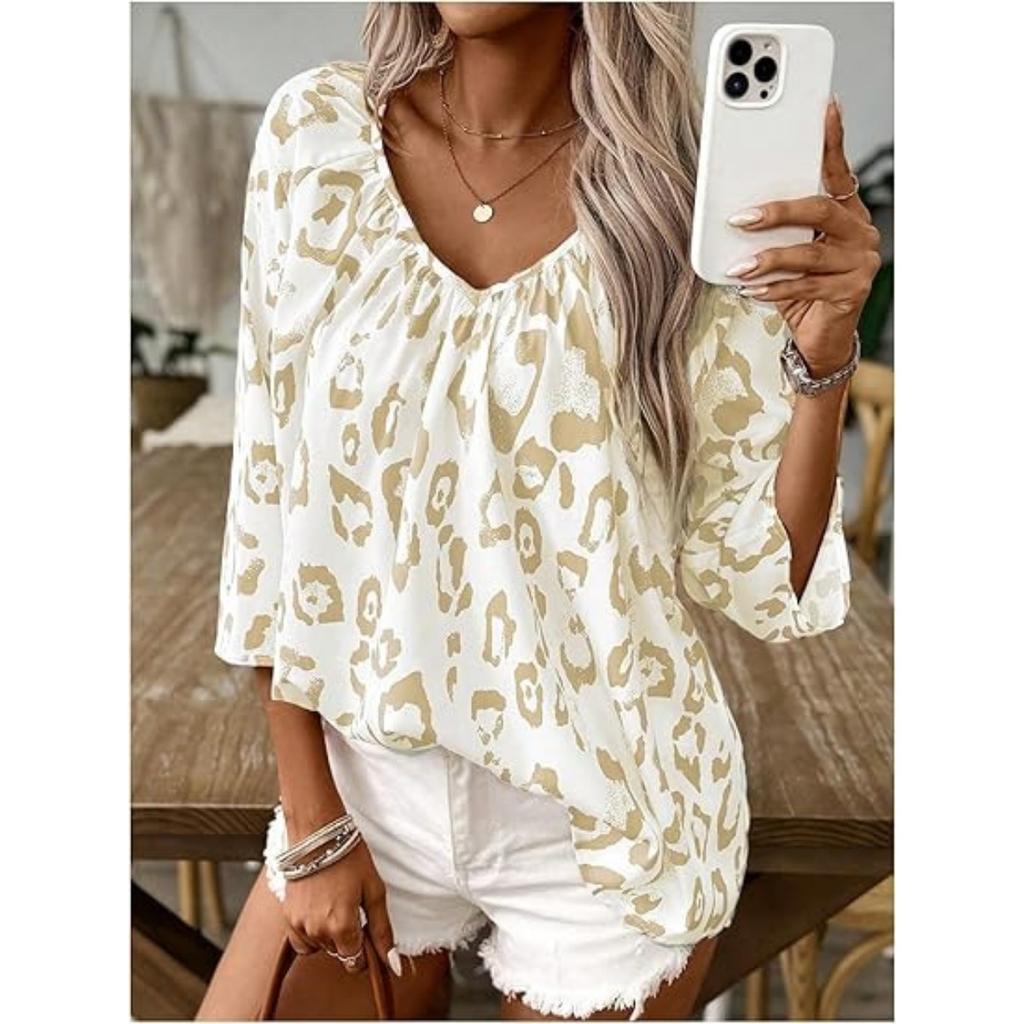 Top da Donna Temperamento Pendolare Cachi Stampa Leopardo Scollo a V Grande Plissettato Maniche a Sette Quarti Camicia