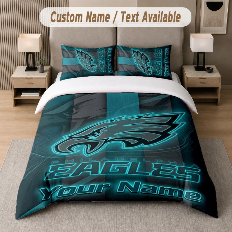 Custom Bedding Set Philadelphia Eagles Pattern, Print Name Text 1 Duvet Cover Plus 2 Pillowcases Home Textile