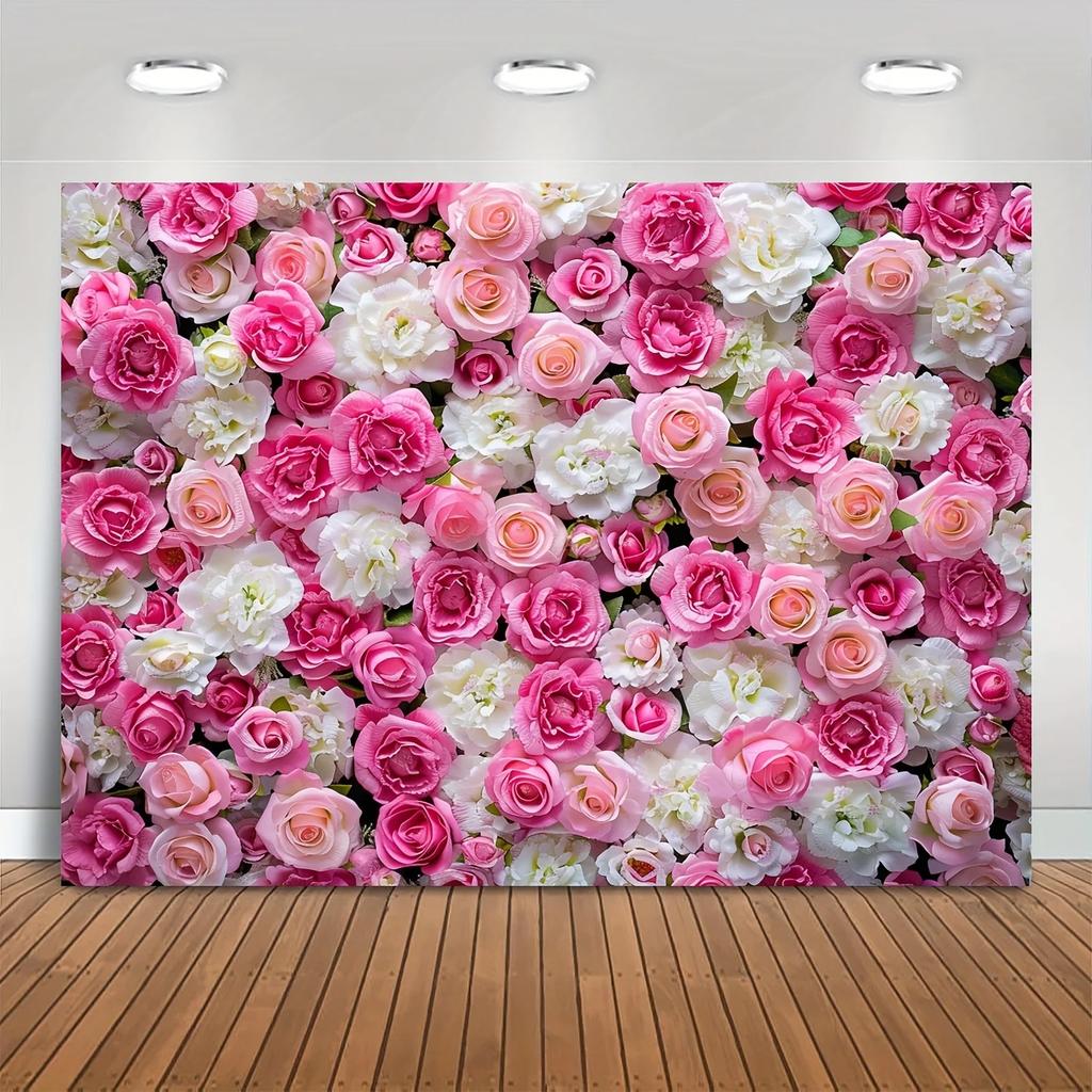 Flower Wall Background Banner Polyester Photography Pink and White Rose Portrait In Spring,suitable for Weddings, Bridal Parties