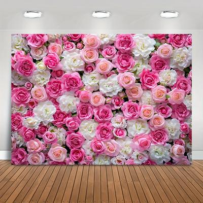 Flower Wall Background Banner Polyester Photography Pink and White Rose Portrait In Spring,suitable for Weddings, Bridal Parties