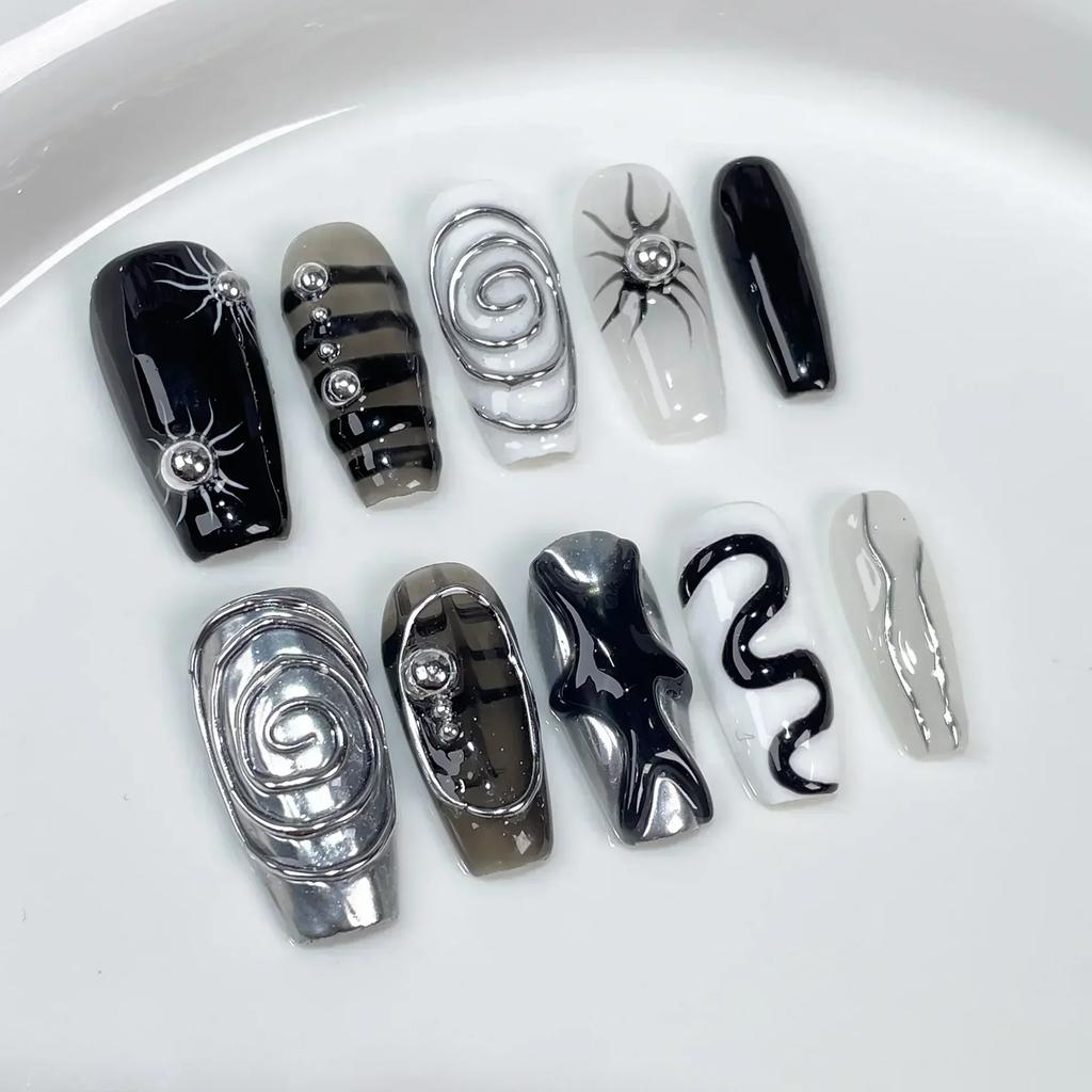 10pcs Y2K Black Pink Grid Press On Nails 3D Star Heart Halo Dyeing Coffin Shape Long Fake Nail Tips