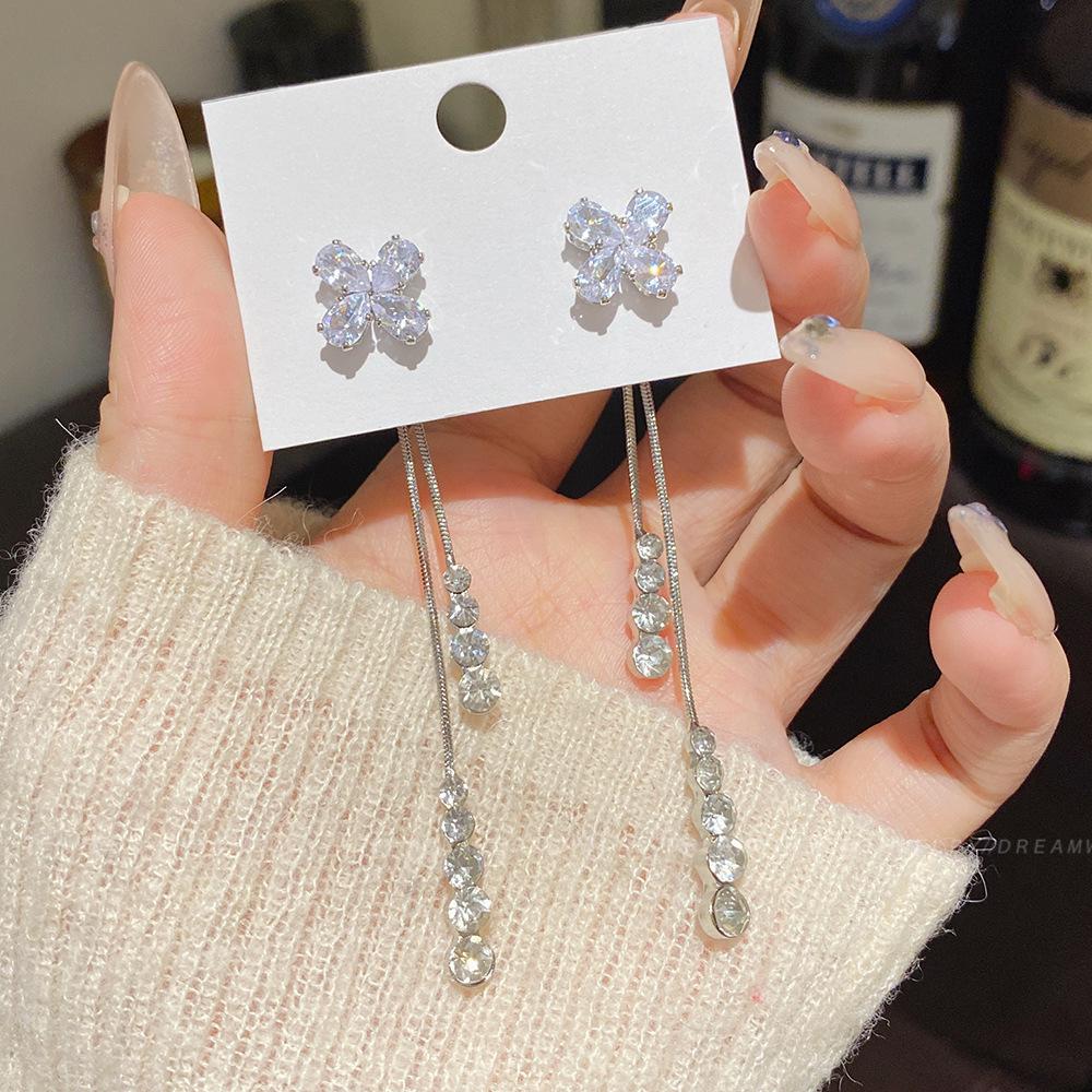 925 Sterling Silver Full Diamond Tassel Earrings – High-End European & American Style, Super Shiny, Luxurious Ear Jewelry for Women.