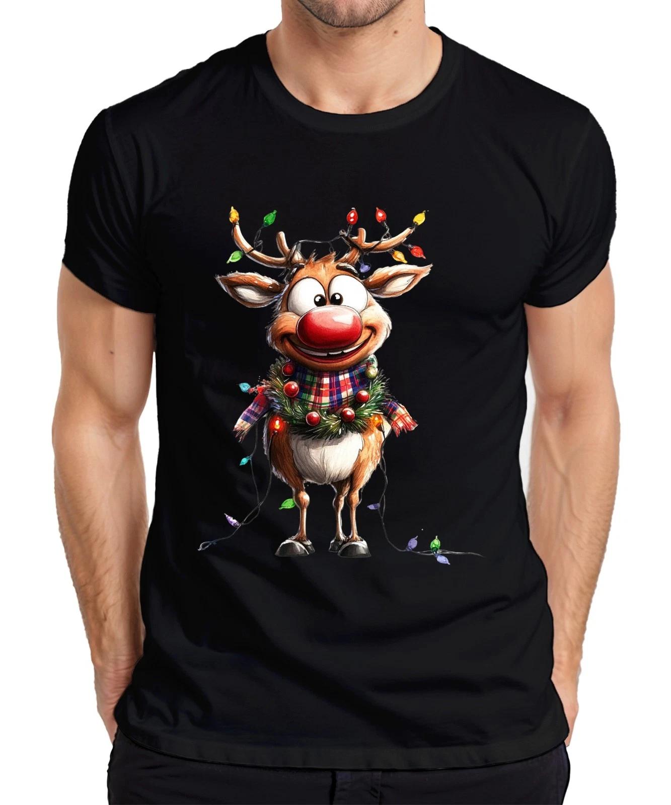 Rudolf Rentier Weihnachten mit Lichterkette Rotnase Kranz lustig Herren T-Shirt S
