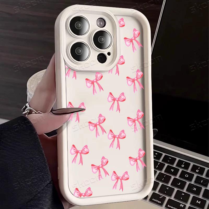 Simple Pink Cherry Bow Pattern Phone Case For iPhone 17 16 15 14 13 12 11 Pro Max 17 Air 16E X XR XS 7 8 Plus Shockproof Cover