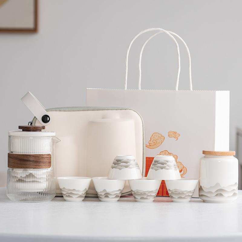 Suet Jade White Porcelain Guochao Ink and Wash Travel Tea Set, a Pot of Four or Six Cups, New Chinese Express Cup Light Luxury Business Gifts
