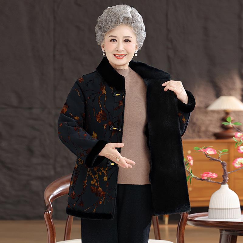 Chinese Winter Deer Velvet Coat with Fur Collar for Middle-Aged & Elderly Women