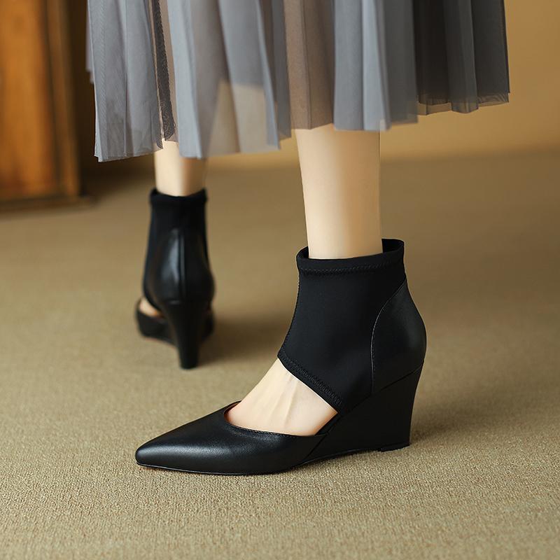 Fashion 2024 Spring Women Sandals Genuine Leather Shoes for Women Pointed Toe Wedges Heels Women Shoes Ladies Shoes High Heels