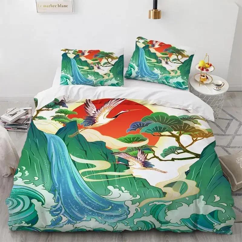 Wave Duvet Cover Set Hokusai Pattern Japanese Ukiyoe Quilt Cover Oriental Sketch Style Ocean Queen Twin Polyester Bedding Set