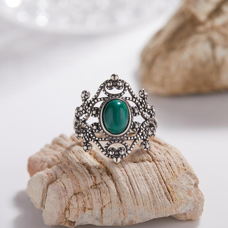 S925 Retro Thai Silver Natural Colored Treasure Ring, Personalized Hollow Lace Pattern Adjustable Open Index Finger Couple Ring