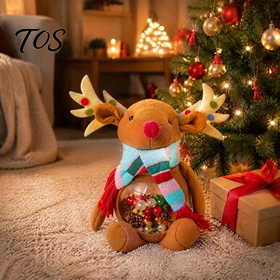 Decorative Treat Holder Christmas Candy Jar, 3D Plush Reindeer Bear Clear Container Seasonal Gift Packaging with Scarf, Holiday Snack Storage Box for
