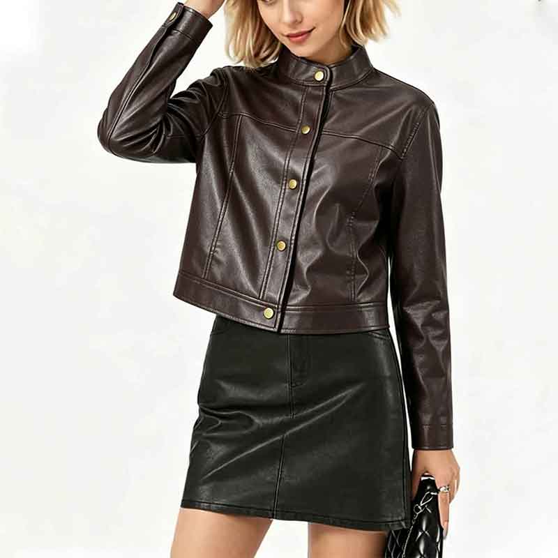 Women Stand Collar Button Down Cropped Faux Leather Jacket