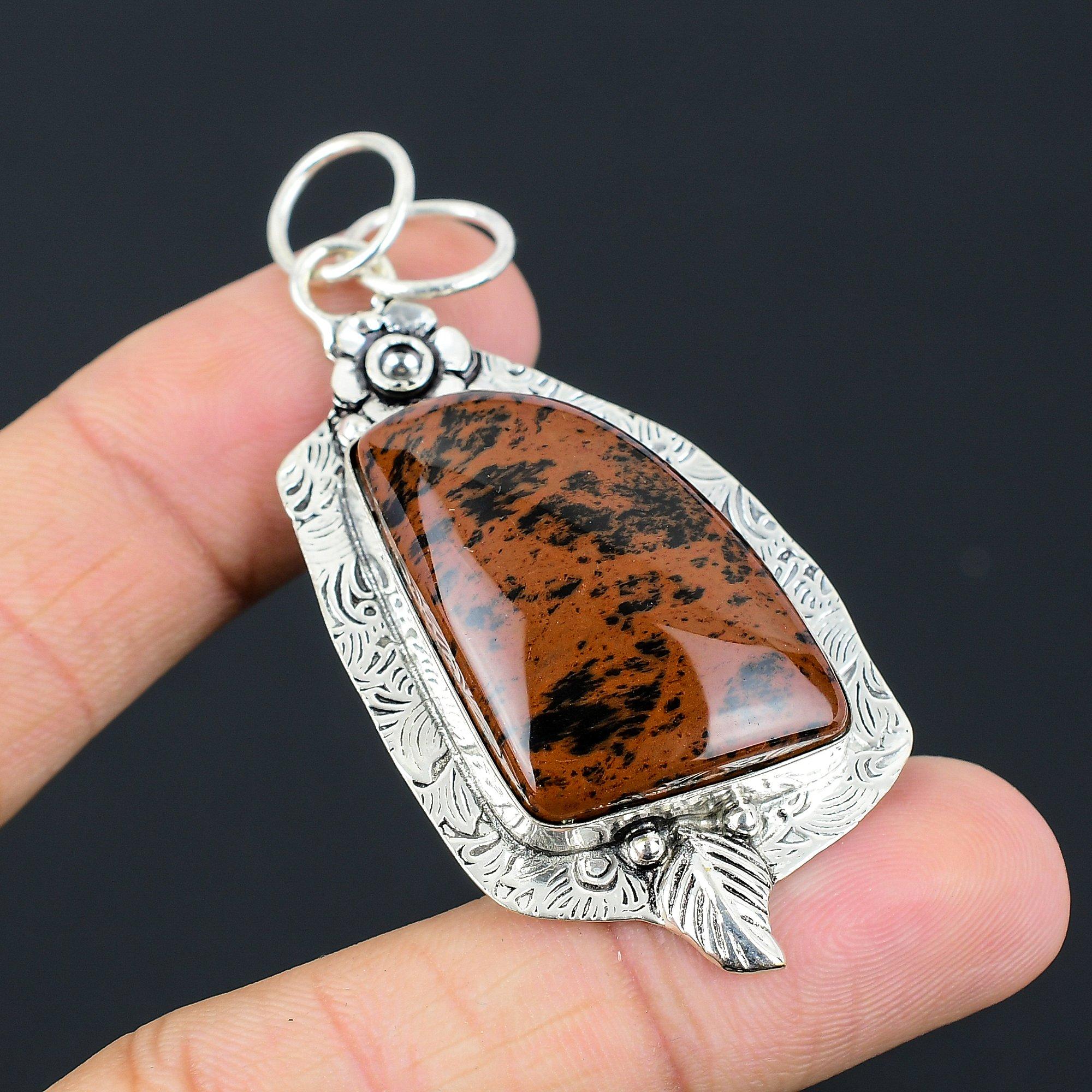 

Natural Mahogany Obsidian Gemstone 925 Sterling Silver Pendant Flower For Women