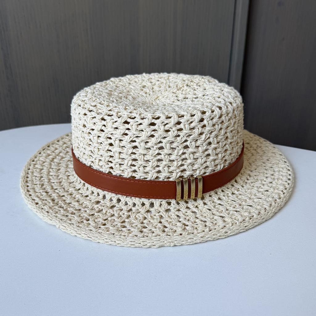 New Flat Top Jazz Top Hat Retro Old Money Wind Belt Buckle Straw Hat Women's Summer Seaside Vacation Sun Hat
