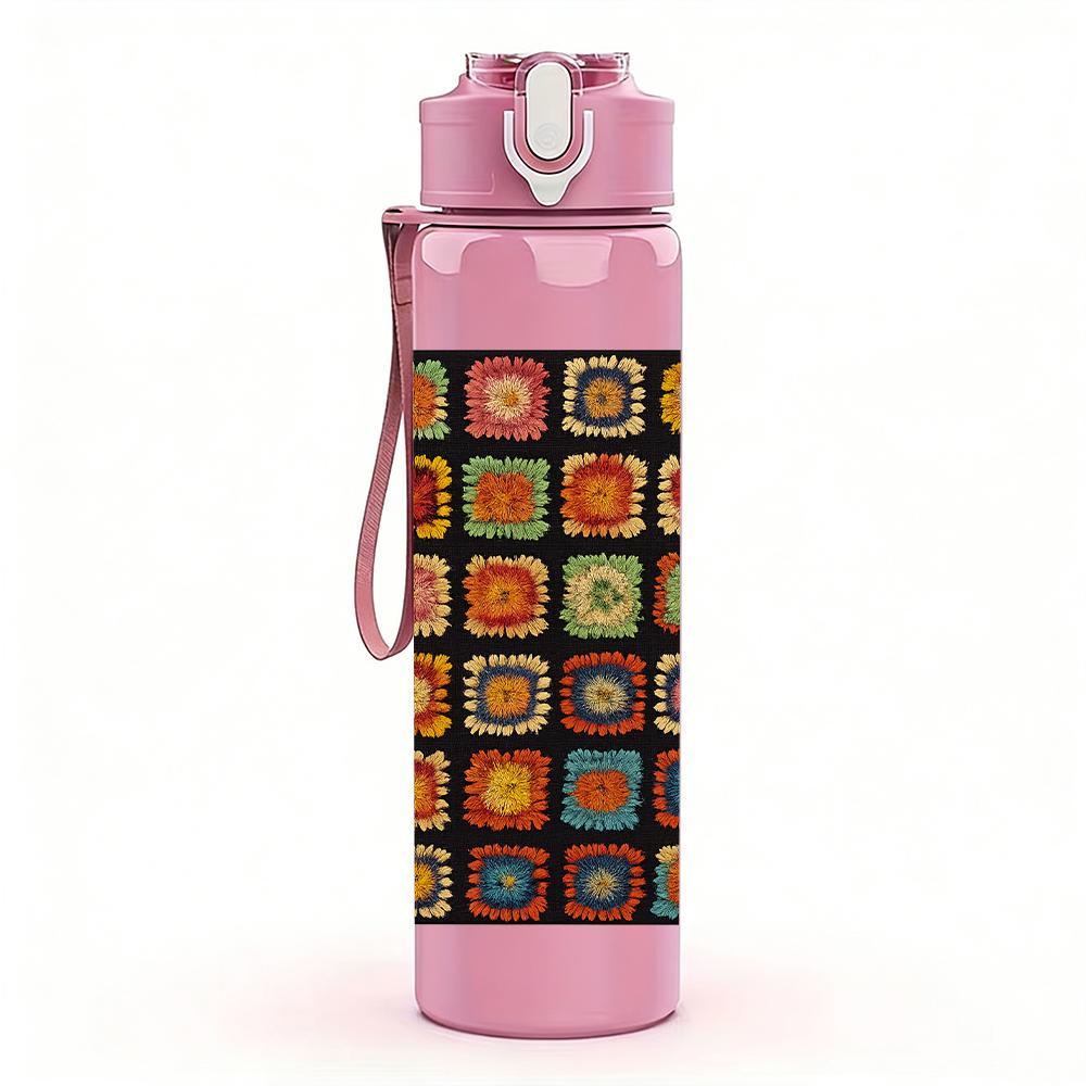 1PC Multicolor Square Mosaic 750ml Color Plastic Sports Water Bottle Leakproof Flip Straw Lid For Sports Office Home Use