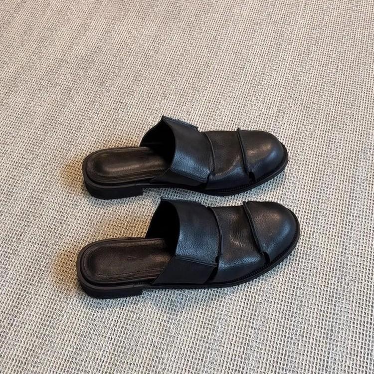 Soft Leather Version! Black Bag Head Half Slippers Women's Retro Soft Leather Lazy One-pedal Muller Shoes Low-heeled Roman Shoes