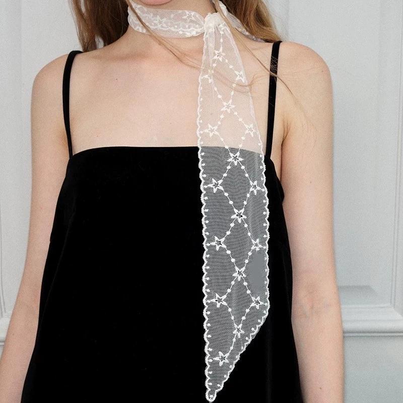 Y2K Women Narrow Long Scarf Solid Color Silk Black Bag Ribbon Headbands Choker Floral Lace Scarf