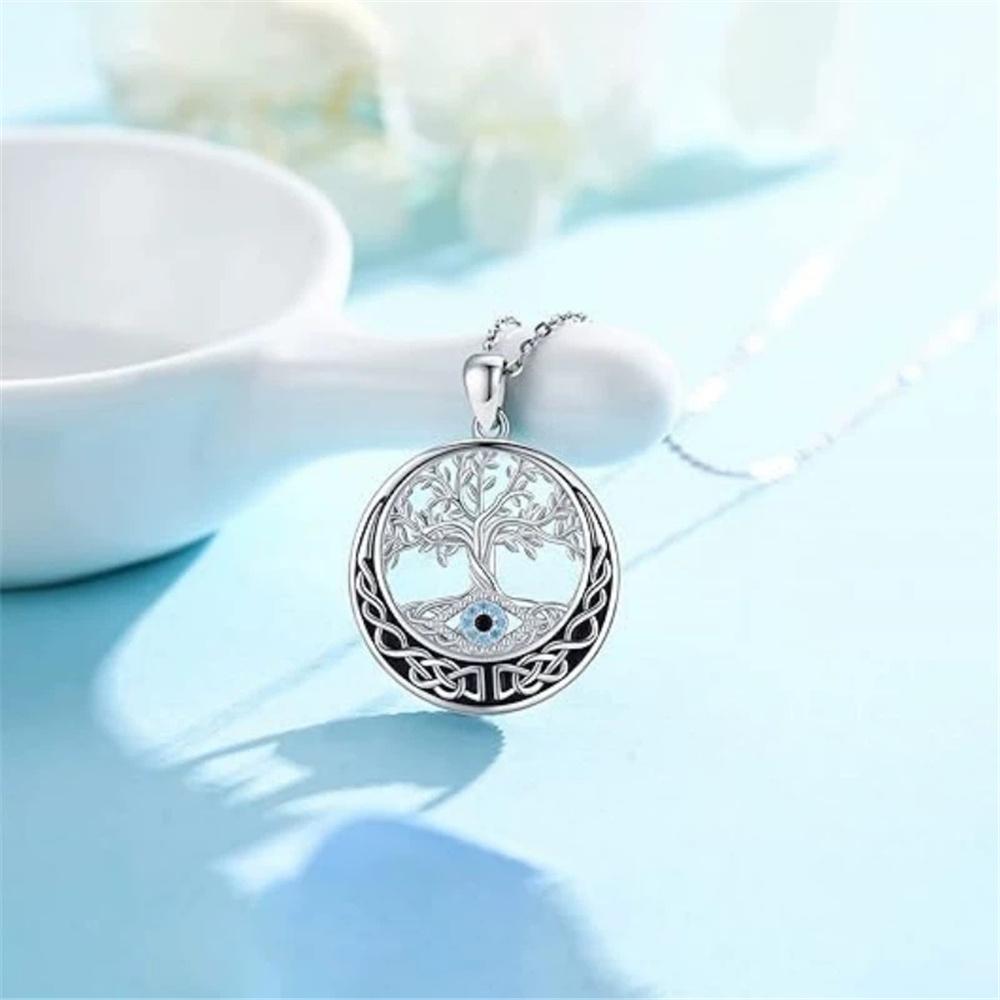 Charm Female Crystal Stone Life Tree Pendant Necklace Vintage Silver Color Wedding  For Women