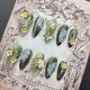 Green Hand-Painted Cat Eye Short Nail Art Tips - Purely Handmade Wearable Nails