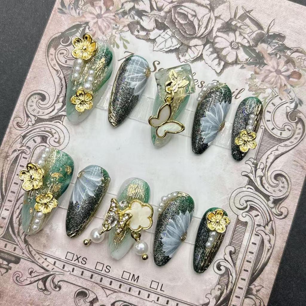 Green Hand-Painted Cat Eye Short Nail Art Tips - Purely Handmade Wearable Nails